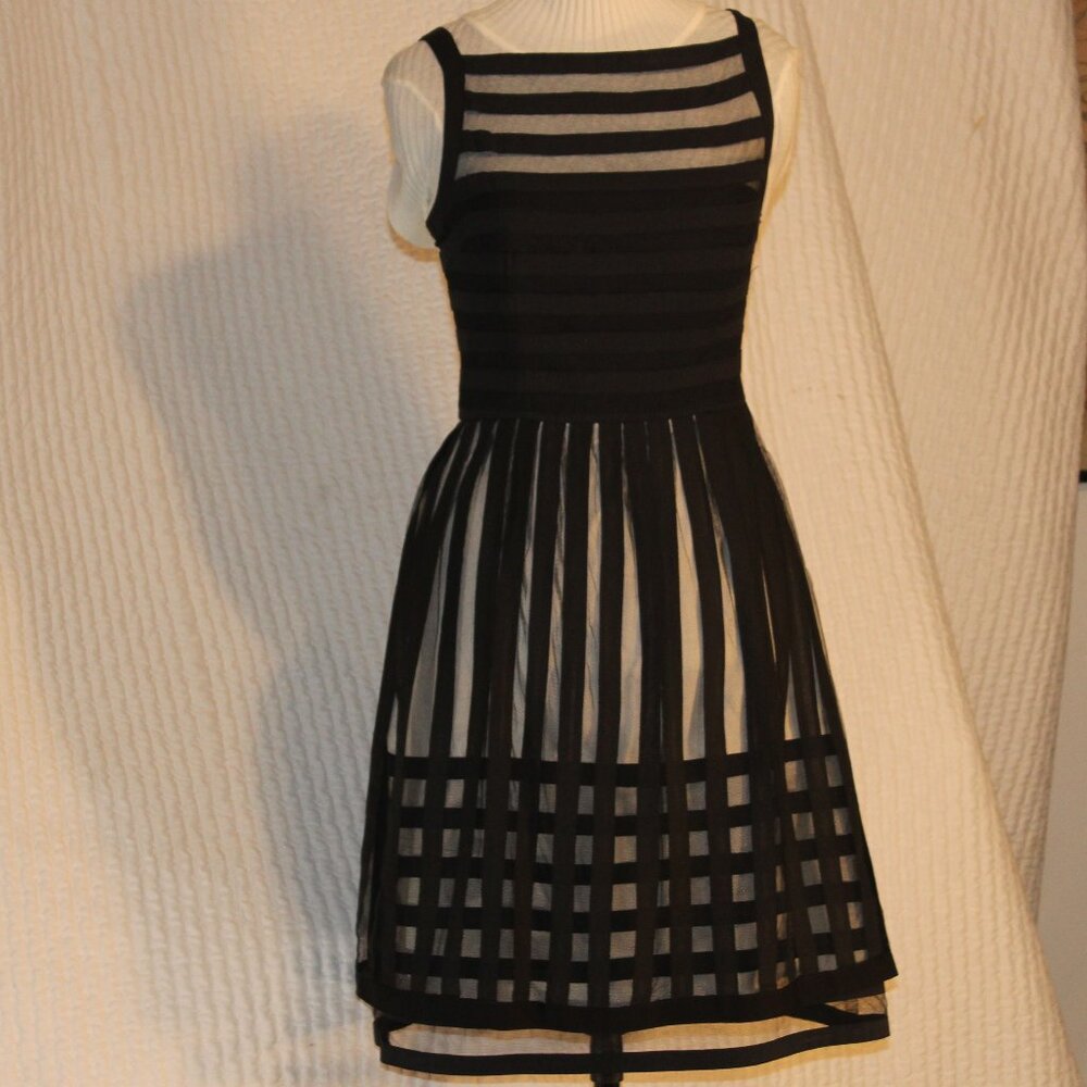 Cynthia Steffe Dress LBD Black Mesh Sheer Stripe Cocktail Formal Size 8